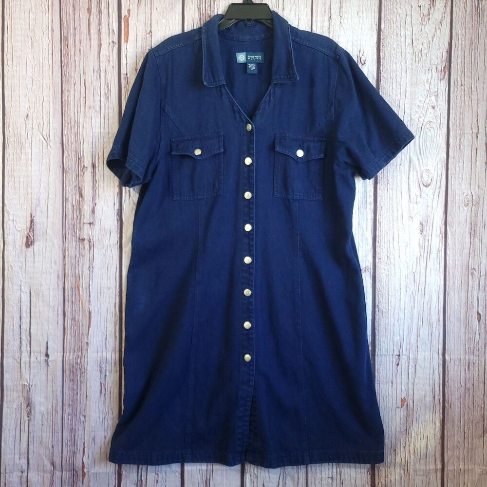 Avenue Blues 90s Blue Denim Button Front Shirt Dress Collared Pockets Sz 16 VTG